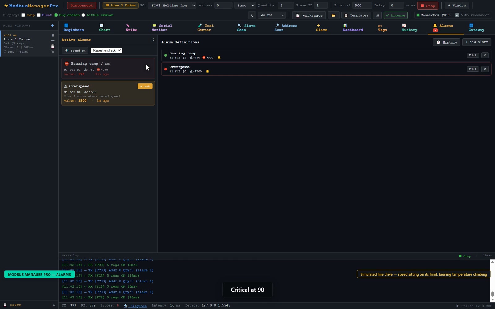 ModbusManager Pro Alarms tab: a bearing temperature alarm active at critical and acknowledged, an overspeed warning below it, and both definitions with their warning and critical limits