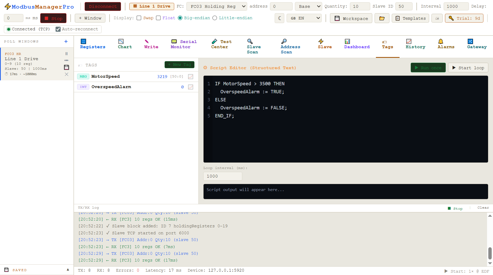 Tags tab in ModbusManager Pro showing a register-linked tag and an internal tag driven by a Structured Text script
