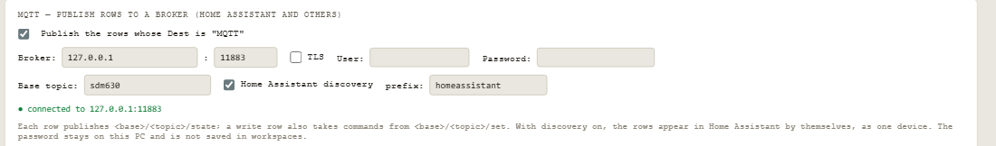 MQTT panel of the ModbusManager Pro gateway: publish rows whose Dest is MQTT, broker address and port, TLS, user, password, base topic sdm630, Home Assistant discovery with prefix homeassistant, status connected