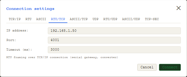 ModbusManager Connection settings, RTU/TCP tab: IP address 192.168.1.50, port 4001, timeout 3000 ms