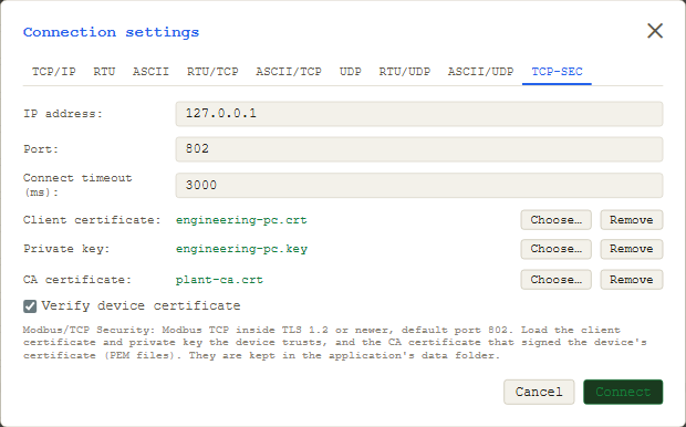 ModbusManager Connection settings, TCP-SEC tab: IP address, port 802, connect timeout, client certificate engineering-pc.crt, private key engineering-pc.key, CA certificate plant-ca.crt, Verify device certificate checked