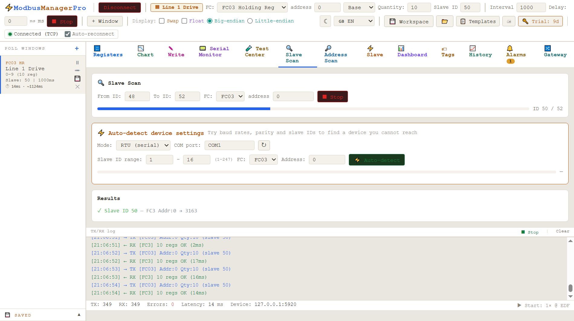 Slave Scan tab in ModbusManager Pro finding a responding device on slave ID 50 within a scanned ID range