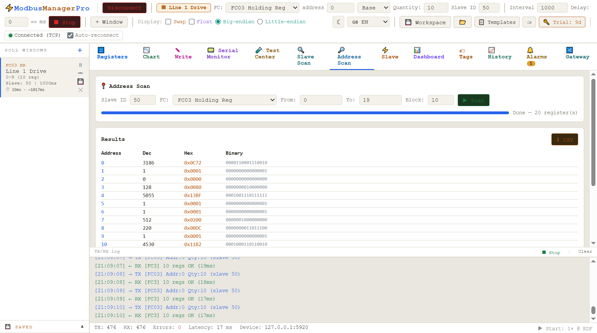 Address Scan tab in ModbusManager Pro showing decimal, hex and binary values for a swept range of holding registers