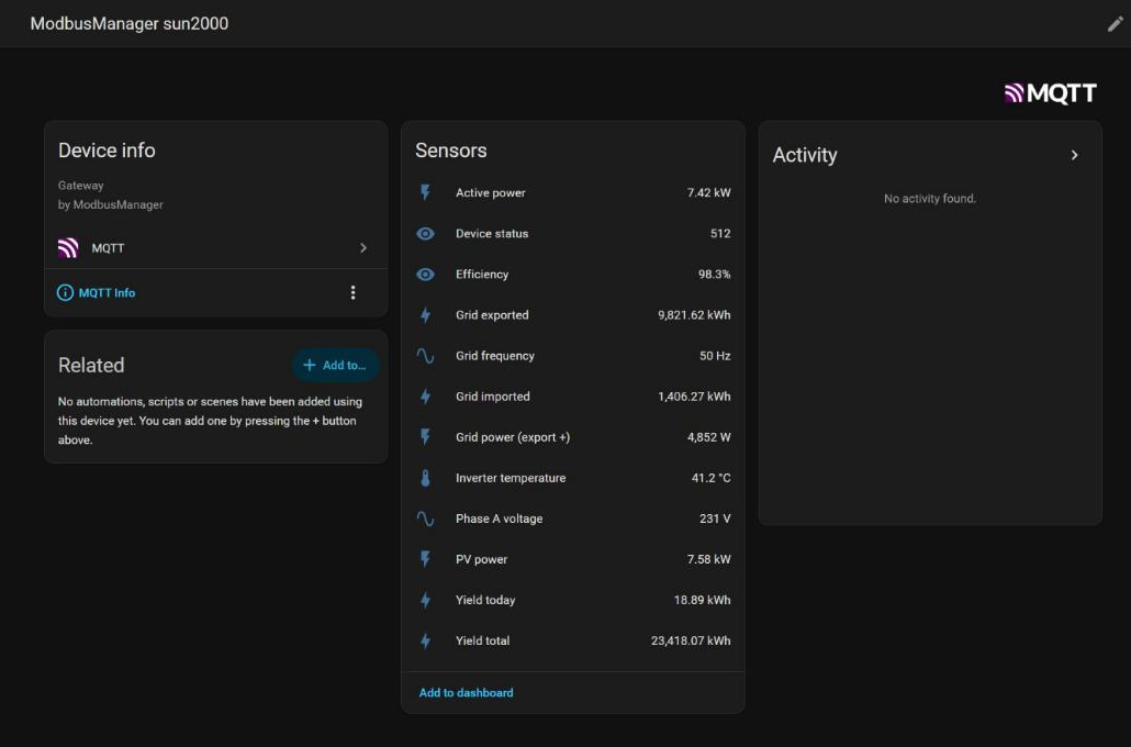 Home Assistant device page for a Huawei SUN2000 published by ModbusManager Pro over MQTT: PV power, active power, yield today and total, grid power, imported and exported energy, phase voltage, frequency, inverter temperature, efficiency and status
