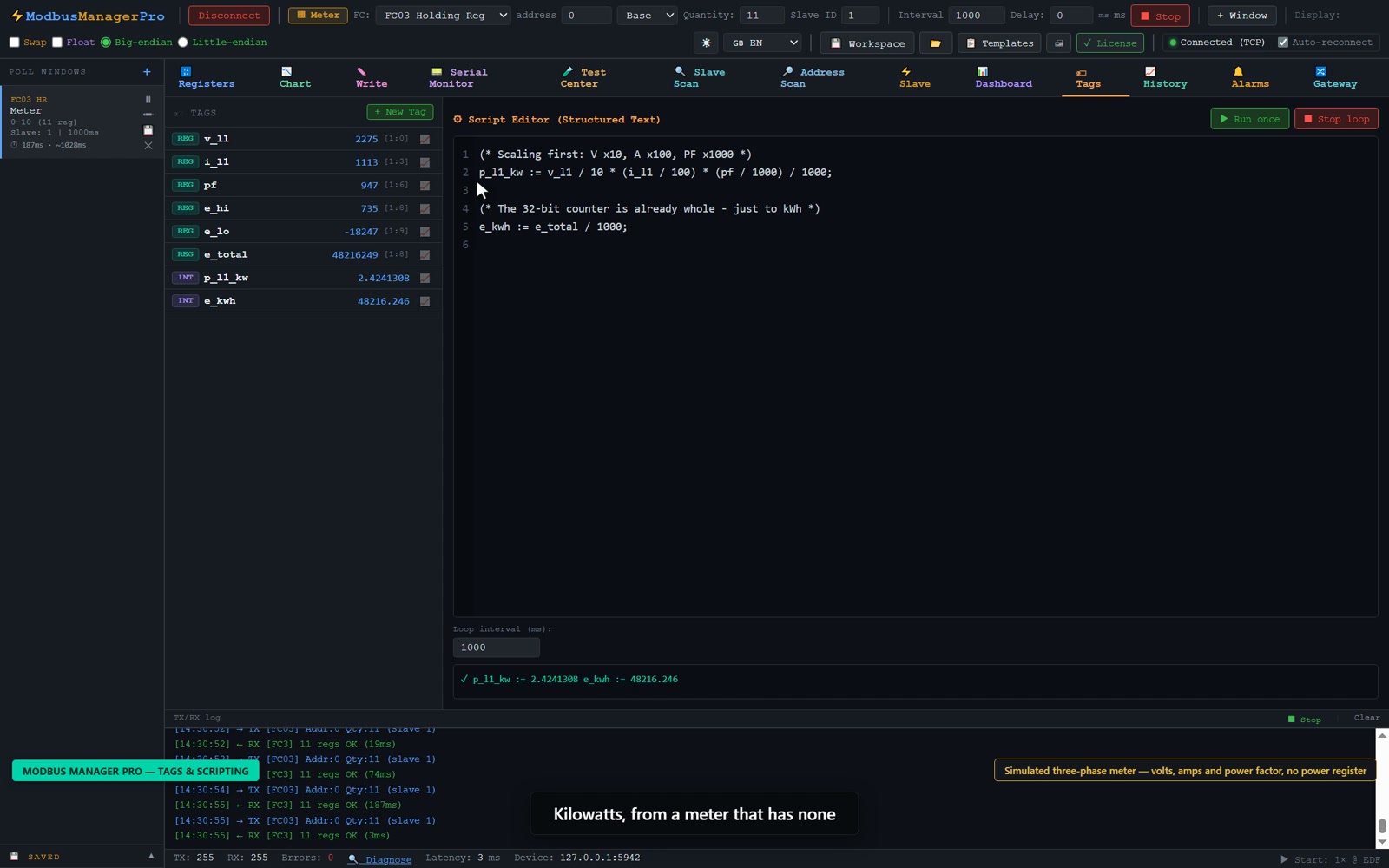 ModbusManager Pro Tags tab: eight tags with live values, a Structured Text script computing kilowatts, and the script log showing the two values it wrote